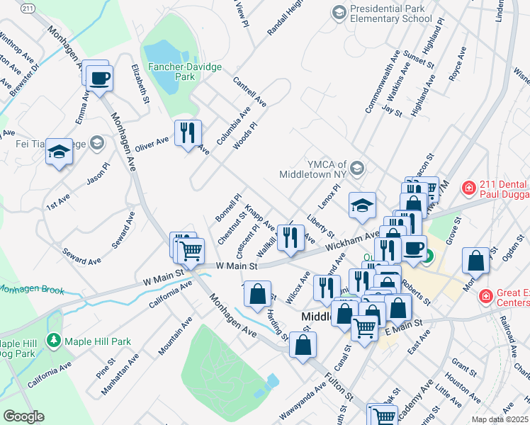 map of restaurants, bars, coffee shops, grocery stores, and more near 47 Lake Avenue in Middletown