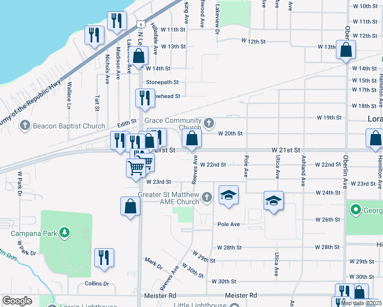 map of restaurants, bars, coffee shops, grocery stores, and more near 2029 West 21st Street in Lorain