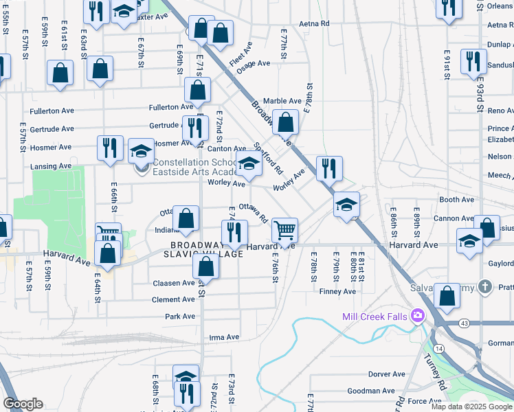 map of restaurants, bars, coffee shops, grocery stores, and more near 7505 Ottawa Road in Cleveland