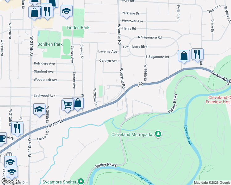 map of restaurants, bars, coffee shops, grocery stores, and more near 20000 Lorain Road in Cleveland