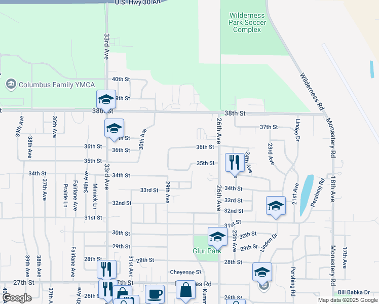 map of restaurants, bars, coffee shops, grocery stores, and more near 2812 36th Street in Columbus