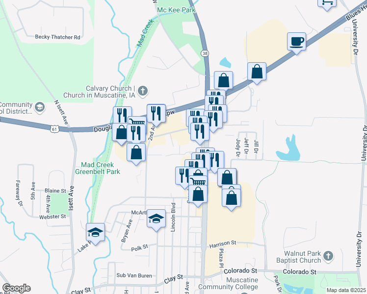 map of restaurants, bars, coffee shops, grocery stores, and more near 2424 Park Avenue in Muscatine