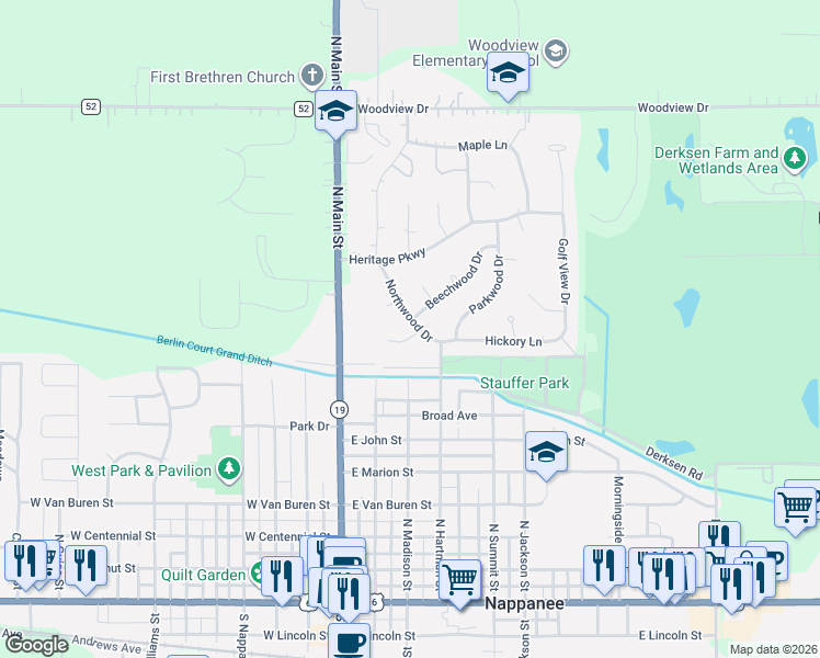 map of restaurants, bars, coffee shops, grocery stores, and more near 1001-1003 Beechwood Drive in Nappanee