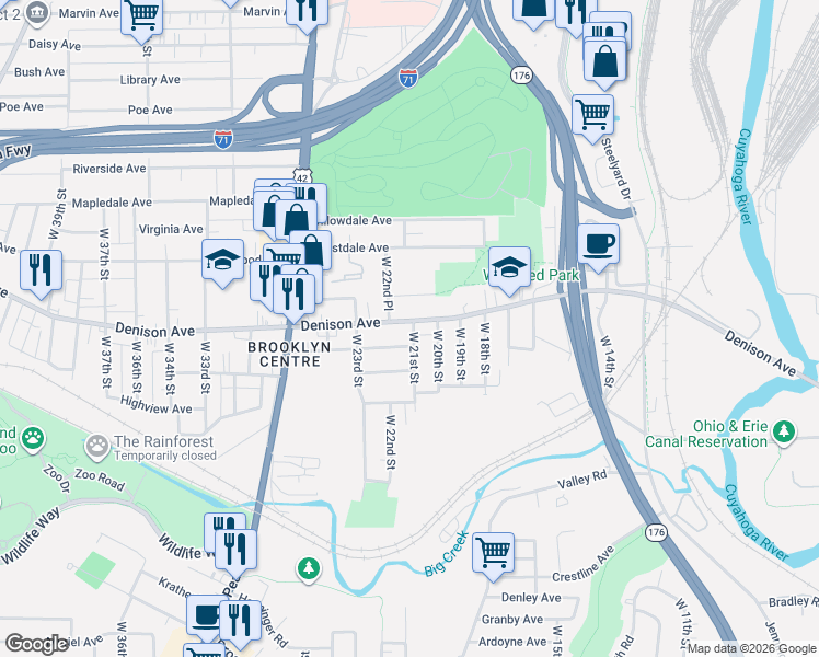 map of restaurants, bars, coffee shops, grocery stores, and more near 2114 Denison Avenue in Cleveland
