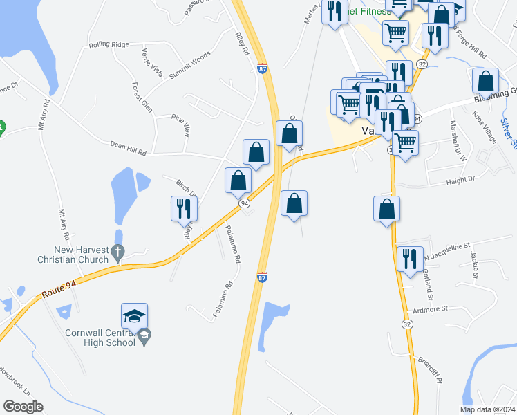 map of restaurants, bars, coffee shops, grocery stores, and more near 1095 New York 94 in New Windsor