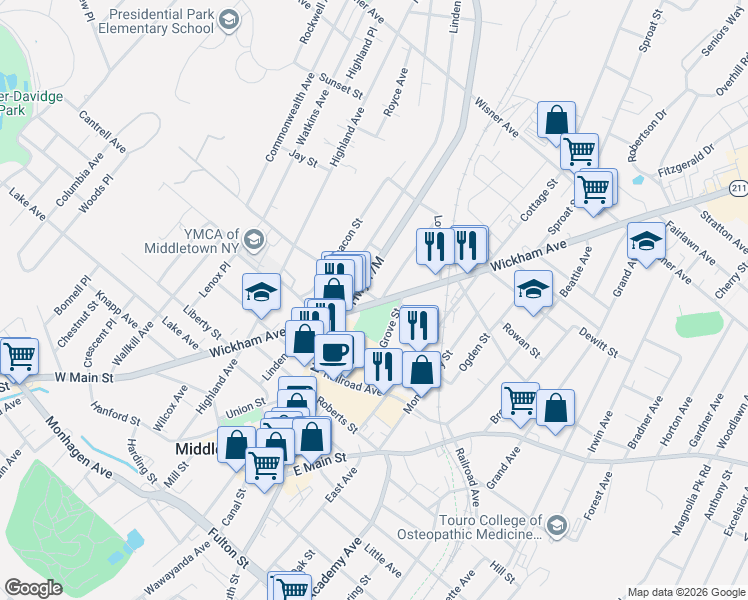 map of restaurants, bars, coffee shops, grocery stores, and more near 7 Prospect Street in Middletown