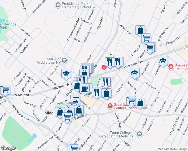 map of restaurants, bars, coffee shops, grocery stores, and more near 7 Prospect Street in Middletown