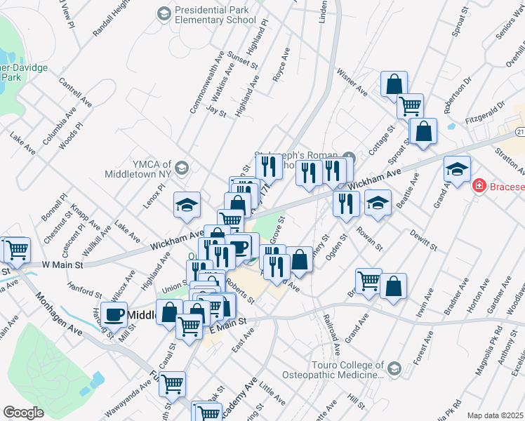map of restaurants, bars, coffee shops, grocery stores, and more near 7 Prospect Street in Middletown