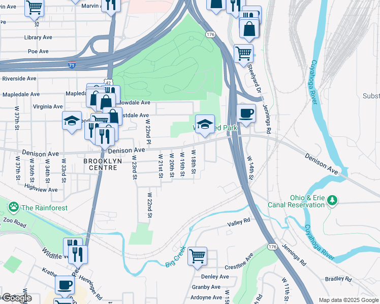 map of restaurants, bars, coffee shops, grocery stores, and more near 1809 Denison Avenue in Cleveland