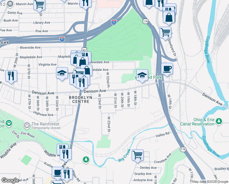 map of restaurants, bars, coffee shops, grocery stores, and more near 2114 Denison Avenue in Cleveland