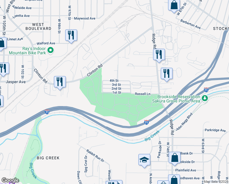 map of restaurants, bars, coffee shops, grocery stores, and more near 8262 2nd Street in Cleveland