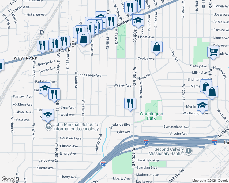 map of restaurants, bars, coffee shops, grocery stores, and more near 3797 West 134th Street in Cleveland