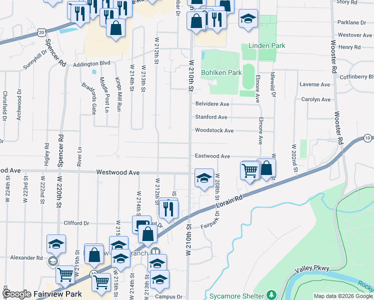 map of restaurants, bars, coffee shops, grocery stores, and more near 4130 West 210th Street in Fairview Park