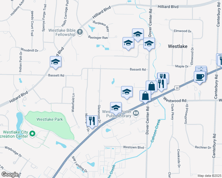 map of restaurants, bars, coffee shops, grocery stores, and more near 27526 Seneca Drive in Westlake