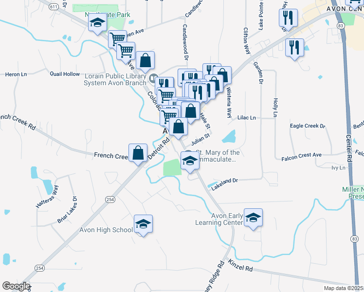 map of restaurants, bars, coffee shops, grocery stores, and more near in Avon