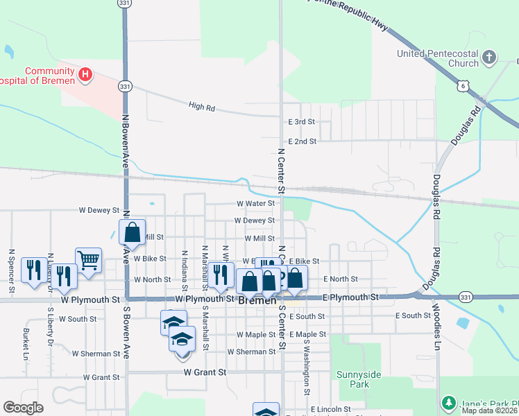map of restaurants, bars, coffee shops, grocery stores, and more near 165-299 West Water Street in Bremen