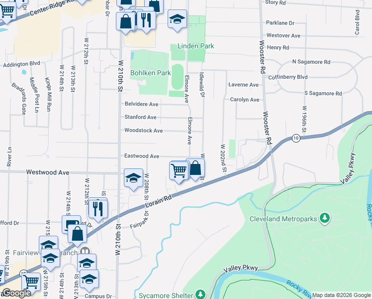 map of restaurants, bars, coffee shops, grocery stores, and more near 4150 Elmore Avenue in Fairview Park