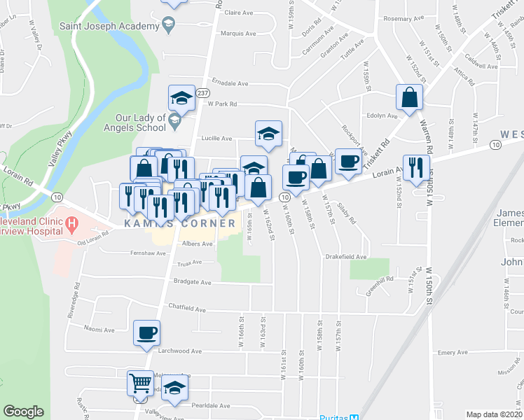 map of restaurants, bars, coffee shops, grocery stores, and more near 16205 Lorain Ave in Cleveland