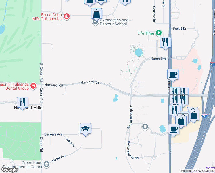 map of restaurants, bars, coffee shops, grocery stores, and more near 25194 Harvard Road in Highland Hills