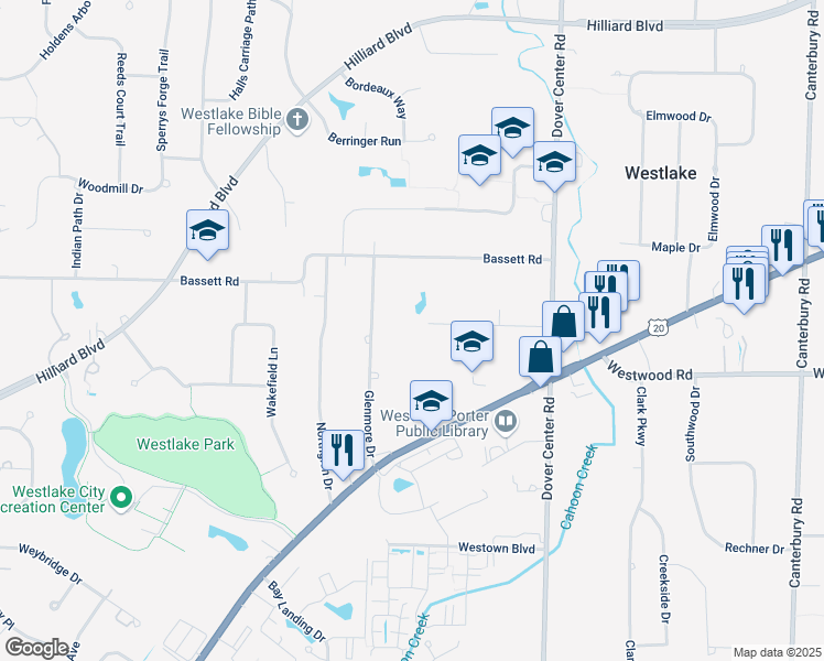 map of restaurants, bars, coffee shops, grocery stores, and more near 27633 Bassett Road in Westlake