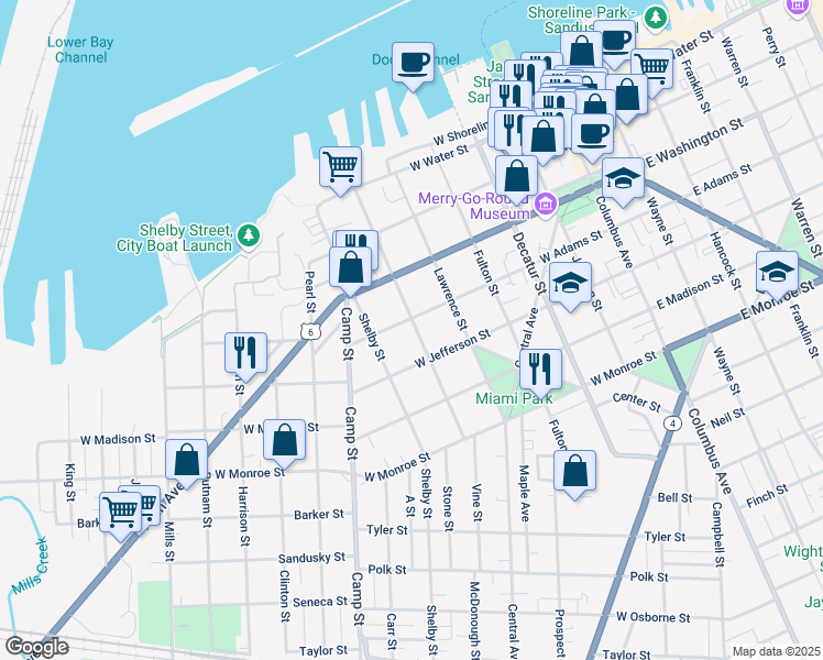 map of restaurants, bars, coffee shops, grocery stores, and more near 1002 West Adams Street in Sandusky