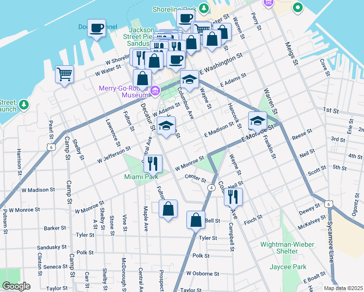 map of restaurants, bars, coffee shops, grocery stores, and more near 314 West Madison Street in Sandusky