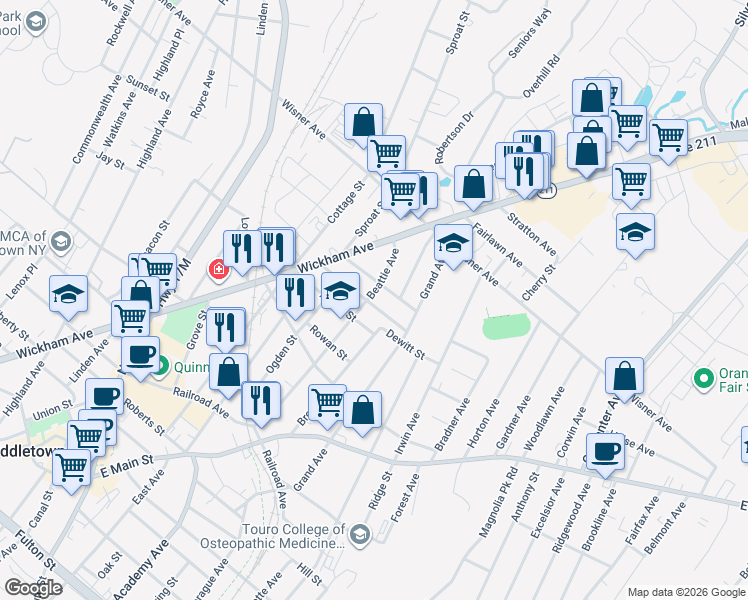 map of restaurants, bars, coffee shops, grocery stores, and more near 27 Harrison Street in Middletown