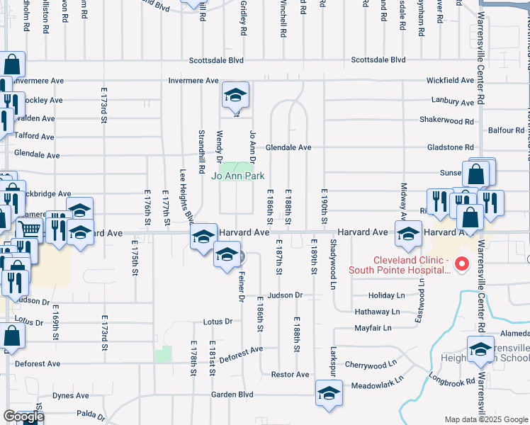 map of restaurants, bars, coffee shops, grocery stores, and more near 3988 East 186th Street in Cleveland