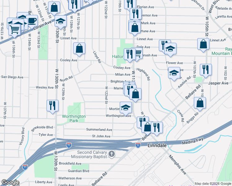map of restaurants, bars, coffee shops, grocery stores, and more near 11911 Marne Avenue in Cleveland