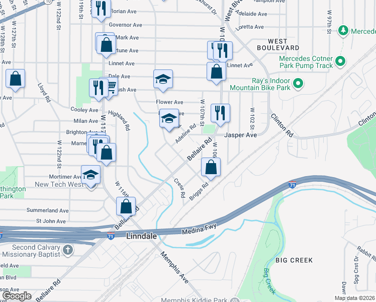 map of restaurants, bars, coffee shops, grocery stores, and more near 10728 Bellaire Road in Cleveland