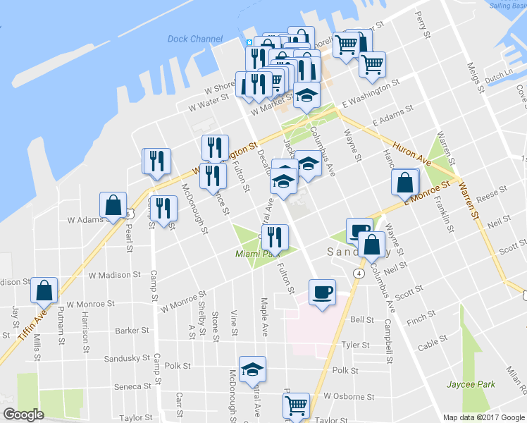 map of restaurants, bars, coffee shops, grocery stores, and more near 431 Fulton Street in Sandusky