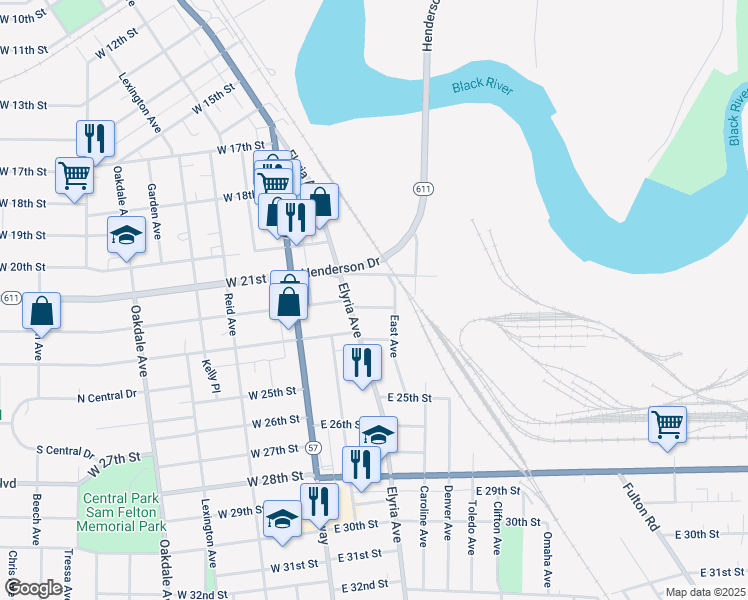 map of restaurants, bars, coffee shops, grocery stores, and more near 321 East 22nd Street in Lorain