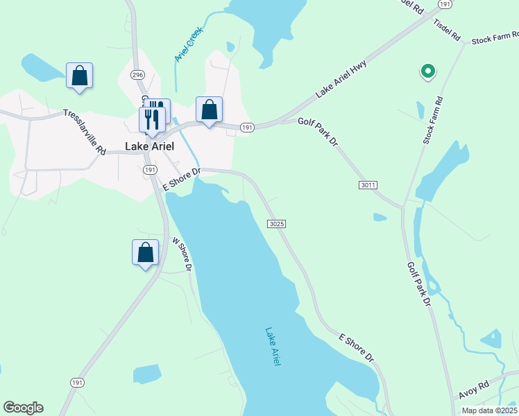 map of restaurants, bars, coffee shops, grocery stores, and more near 305 East Shore Drive in Lake Ariel