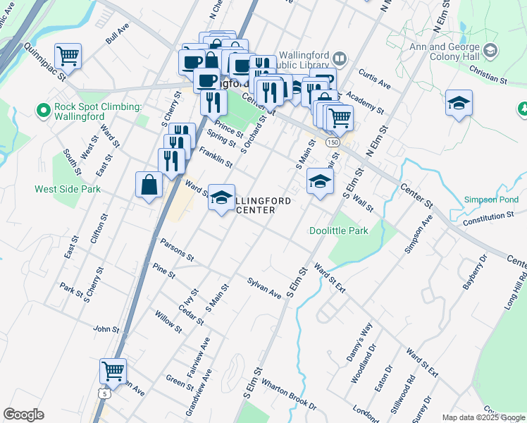 map of restaurants, bars, coffee shops, grocery stores, and more near in Wallingford