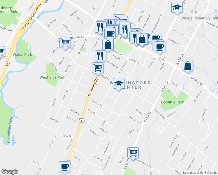 map of restaurants, bars, coffee shops, grocery stores, and more near 179 South Orchard Street in Wallingford