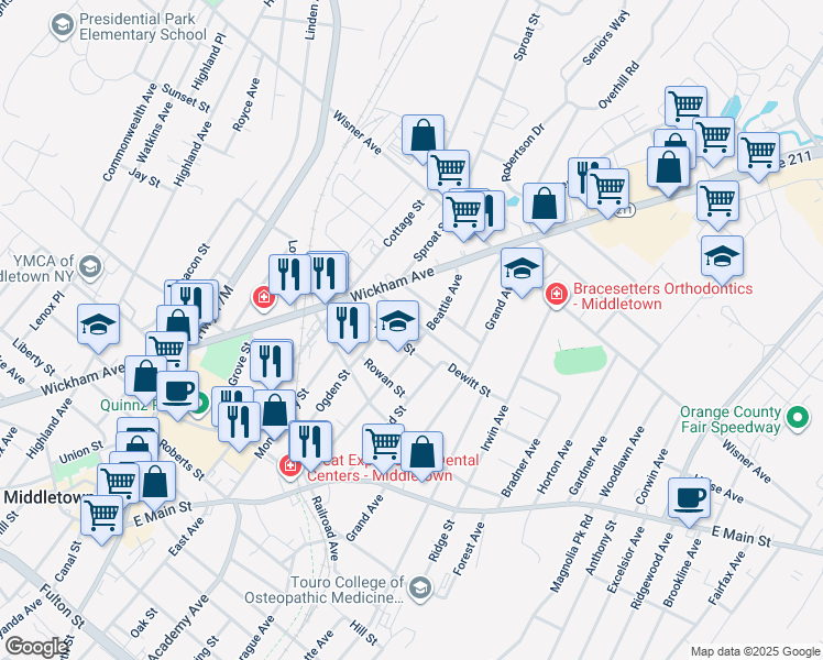 map of restaurants, bars, coffee shops, grocery stores, and more near 18 Harrison Street in Middletown