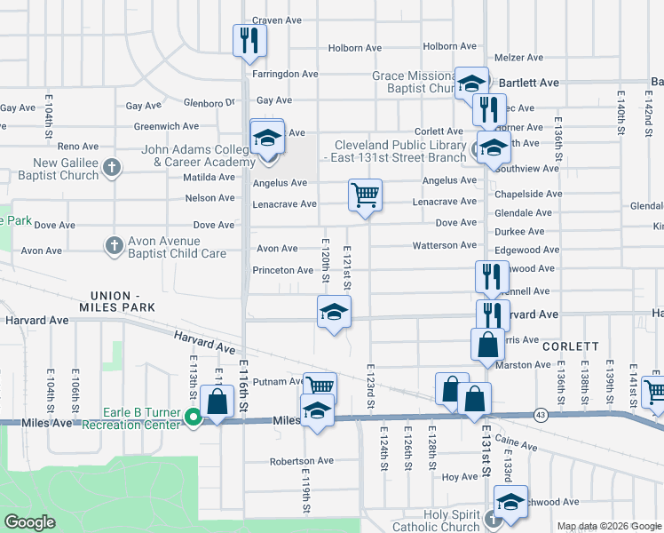 map of restaurants, bars, coffee shops, grocery stores, and more near 3959 East 120th Street in Cleveland