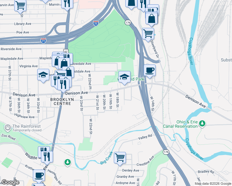 map of restaurants, bars, coffee shops, grocery stores, and more near 1809 Denison Avenue in Cleveland