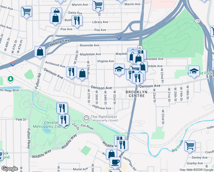 map of restaurants, bars, coffee shops, grocery stores, and more near 3821 West 34th Street in Cleveland