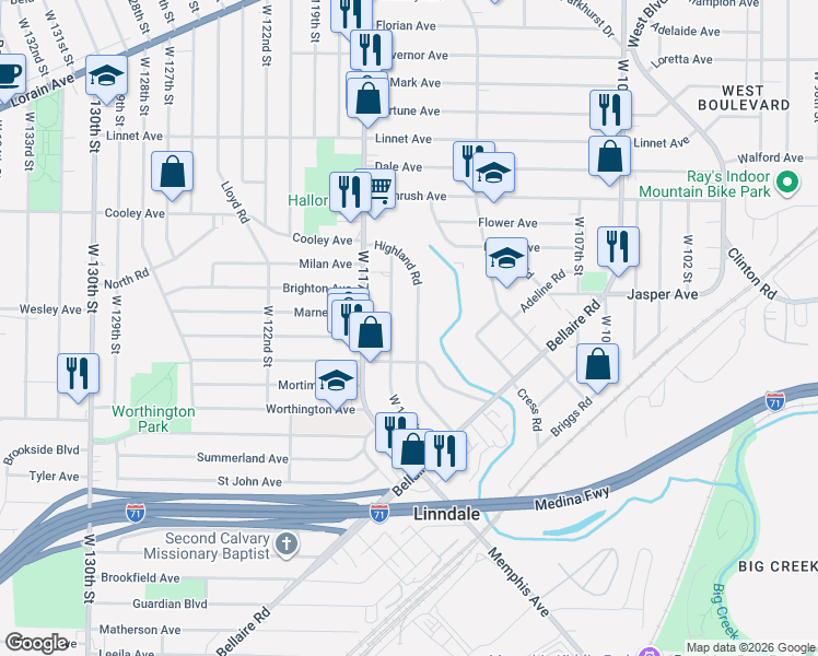 map of restaurants, bars, coffee shops, grocery stores, and more near 3727 Highland Road in Cleveland