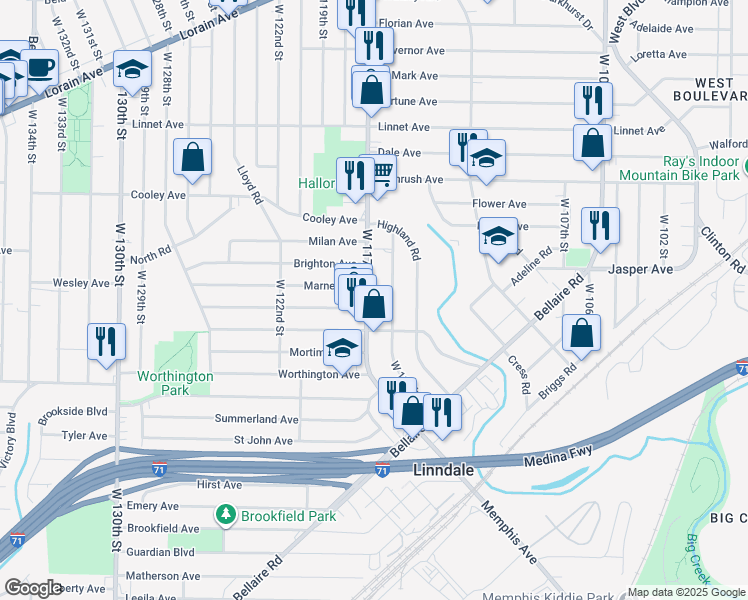 map of restaurants, bars, coffee shops, grocery stores, and more near 3726 West 116th Street in Cleveland