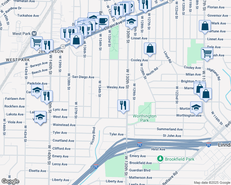 map of restaurants, bars, coffee shops, grocery stores, and more near 13211 Wesley Avenue in Cleveland