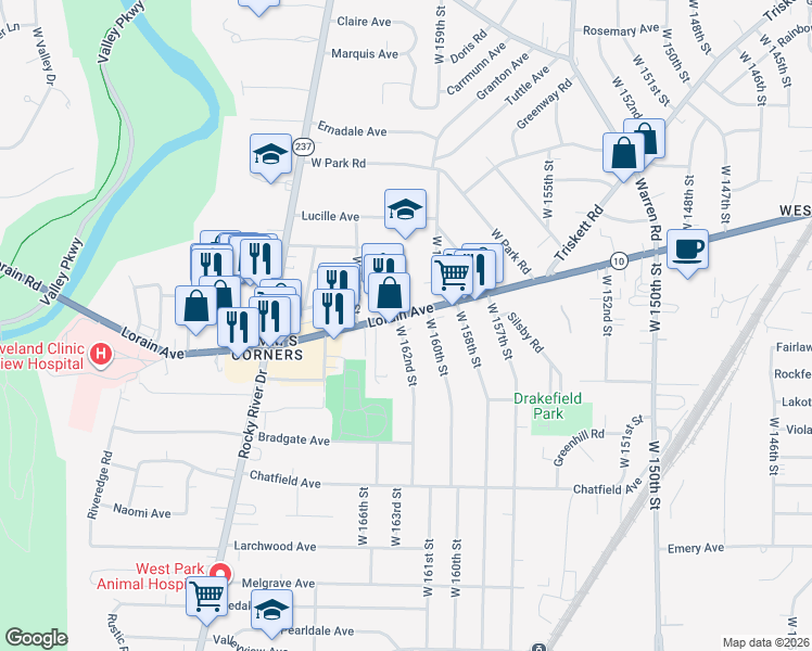 map of restaurants, bars, coffee shops, grocery stores, and more near 16205 Lorain Avenue in Cleveland
