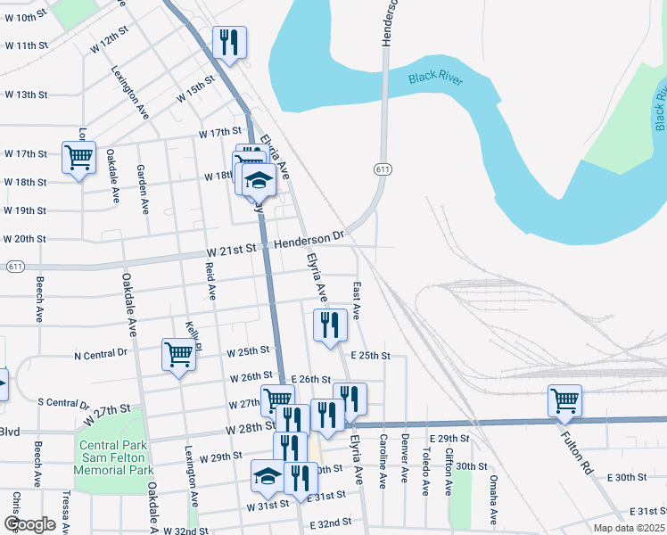 map of restaurants, bars, coffee shops, grocery stores, and more near 321 East 22nd Street in Lorain