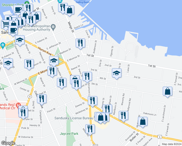 map of restaurants, bars, coffee shops, grocery stores, and more near 907 Sycamore Line in Sandusky
