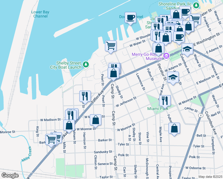 map of restaurants, bars, coffee shops, grocery stores, and more near 318 Camp Street in Sandusky