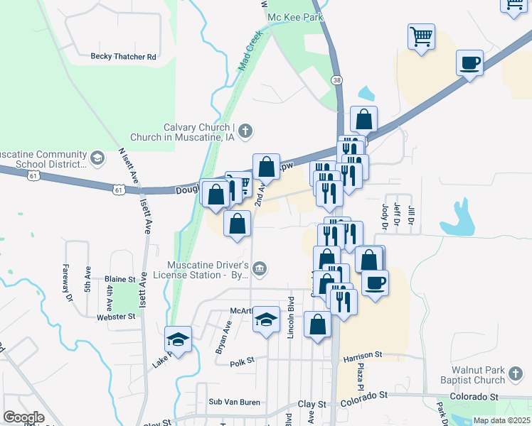 map of restaurants, bars, coffee shops, grocery stores, and more near 104 Cleveland Street in Muscatine