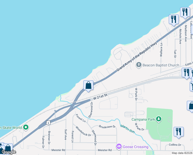 map of restaurants, bars, coffee shops, grocery stores, and more near 3960 West Erie Avenue in Lorain