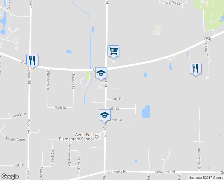 map of restaurants, bars, coffee shops, grocery stores, and more near 33551 Pear Street in Avon