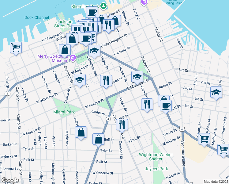 map of restaurants, bars, coffee shops, grocery stores, and more near 631 Wayne Street in Sandusky